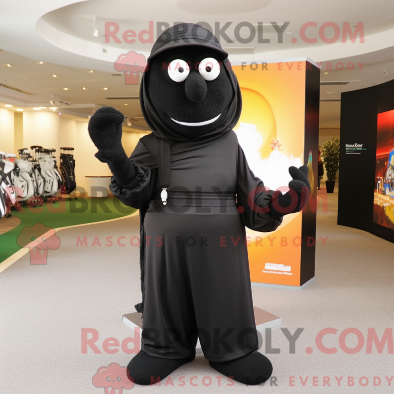 Característica de máscara de uma bolsa de golfe preta com macacão e macacão - Mascotes de golfe - RedBrokoly.com