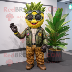 Olive Pineapple mascot costume character dressed with a Moto Jacket and Suspenders