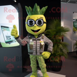 Olive Pineapple mascot costume character dressed with a Moto Jacket and Suspenders