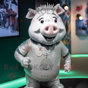 Silver Sow mascot costume character dressed with a Polo Tee and Necklaces