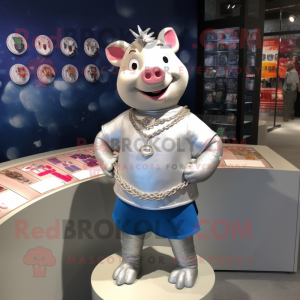 Silver Sow mascot costume character dressed with a Polo Tee and Necklaces