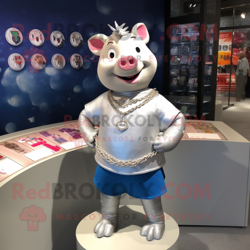 Silver Sow mascot costume character dressed with a Polo Tee and Necklaces Silver Sow mascot costume character dressed with a Polo Tee and Necklaces