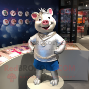 Silver Sow mascot costume character dressed with a Polo Tee and Necklaces