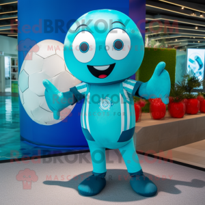 Turquoise Soccer Ball mascot costume character dressed with a One-Piece Swimsuit and Belts