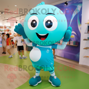 Turquoise Soccer Ball mascot costume character dressed with a One-Piece Swimsuit and Belts