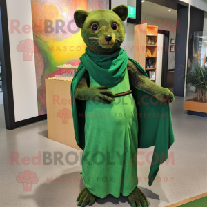 Green Jaguarundi mascot costume character dressed with a Maxi Dress and Shawl pins