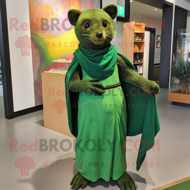 Green Jaguarundi mascot costume character dressed with a Maxi Dress and Shawl pins Green Jaguarundi mascot costume character dressed with a Maxi Dress and Shawl pins