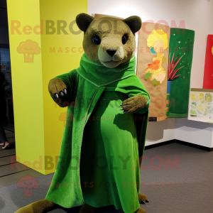 Green Jaguarundi mascot costume character dressed with a Maxi Dress and Shawl pins