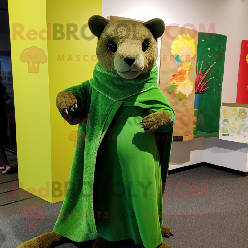 Green Jaguarundi mascot costume character dressed with a Maxi Dress and Shawl pins Green Jaguarundi mascot costume character dressed with a Maxi Dress and Shawl pins