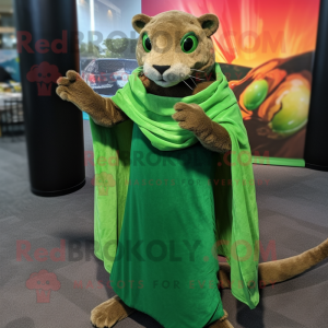 Green Jaguarundi mascot costume character dressed with a Maxi Dress and Shawl pins