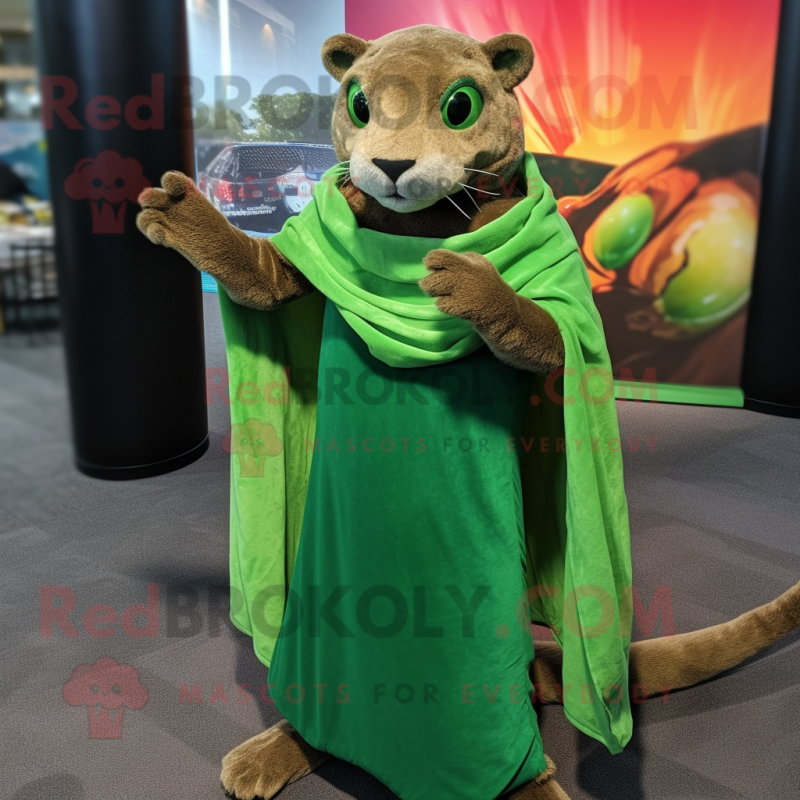 Green Jaguarundi mascot costume character dressed with a Maxi Dress and Shawl pins Green Jaguarundi mascot costume character dressed with a Maxi Dress and Shawl pins