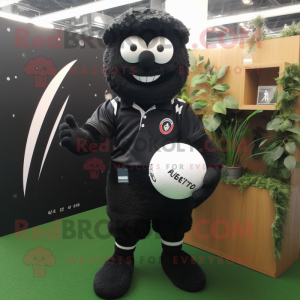 Black Golf Ball mascot costume character dressed with a Rugby Shirt and Bracelets