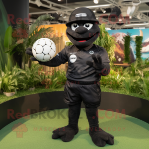 Black Golf Ball mascot costume character dressed with a Rugby Shirt and Bracelets