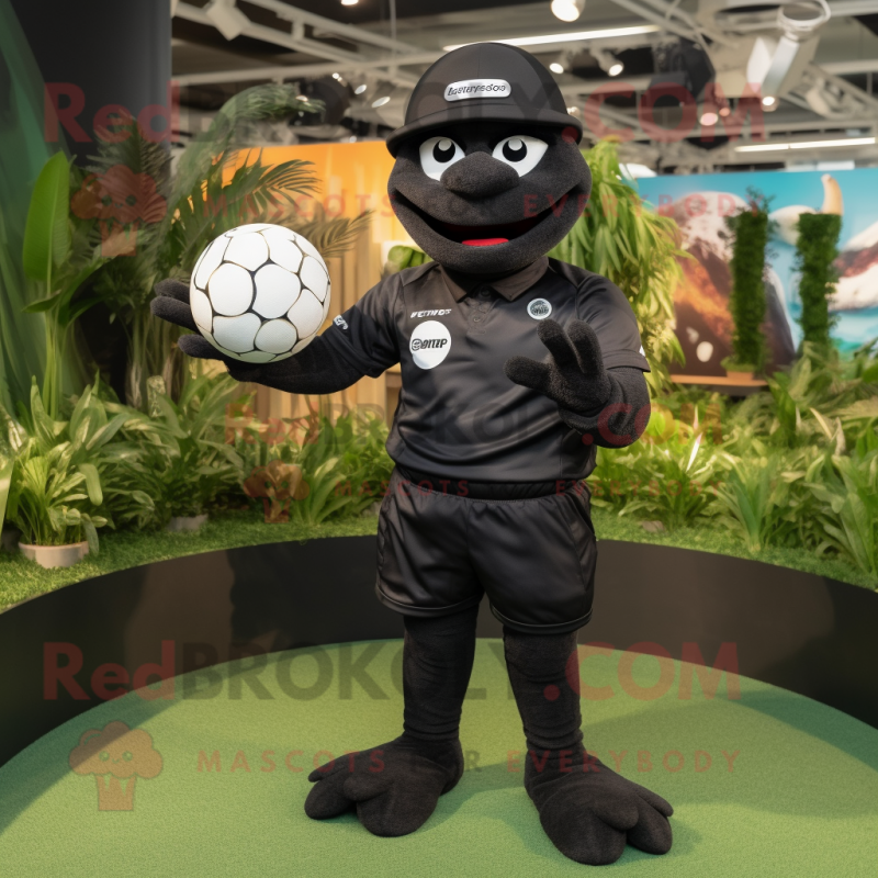 Black Golf Ball mascot costume character dressed with a Rugby Shirt and Bracelets Black Golf Ball mascot costume character dressed with a Rugby Shirt and Bracelets