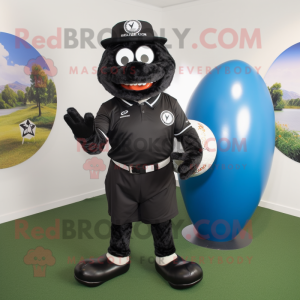 Black Golf Ball mascot costume character dressed with a Rugby Shirt and Bracelets