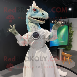 White Iguanodon mascot costume character dressed with a Ball Gown and Digital watches