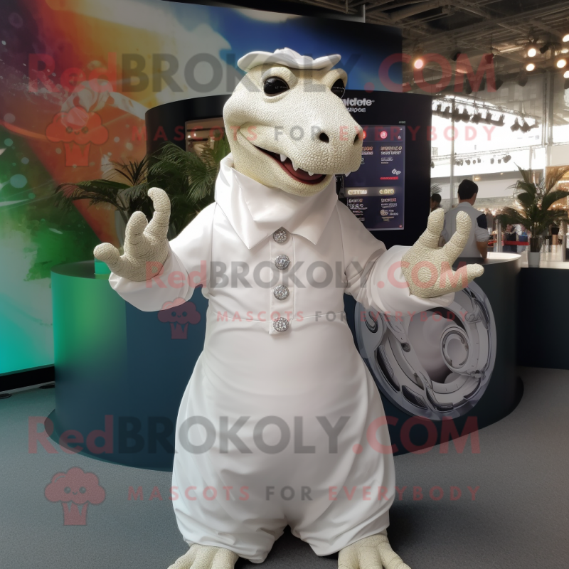 White Iguanodon mascot costume character dressed with a Ball Gown and Digital watches