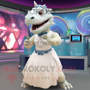 White Iguanodon mascot costume character dressed with a Ball Gown and Digital watches