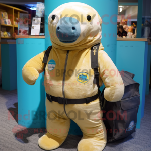 Gold Stellar'S Sea Cow mascot costume character dressed with a Dungarees and Backpacks