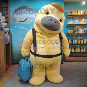 Gold Stellar'S Sea Cow mascot costume character dressed with a Dungarees and Backpacks