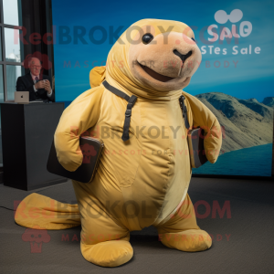 Gold Stellar'S Sea Cow mascot costume character dressed with a Dungarees and Backpacks