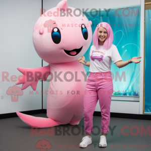 Maskotkarakter av en rosa...