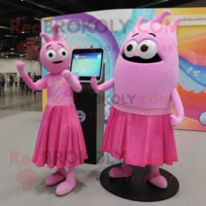 Pink Ray mascot costume character dressed with a Maxi Dress and Smartwatches