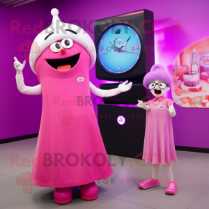 Pink Ray mascot costume character dressed with a Maxi Dress and Smartwatches