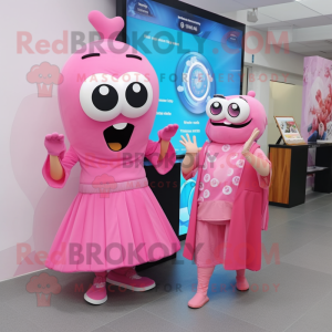 Pink Ray mascot costume character dressed with a Maxi Dress and Smartwatches