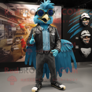 Teal Blue Jay mascot costume character dressed with a Biker Jacket and Lapel pins