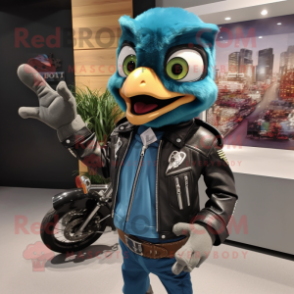 Teal Blue Jay mascot costume character dressed with a Biker Jacket and Lapel pins