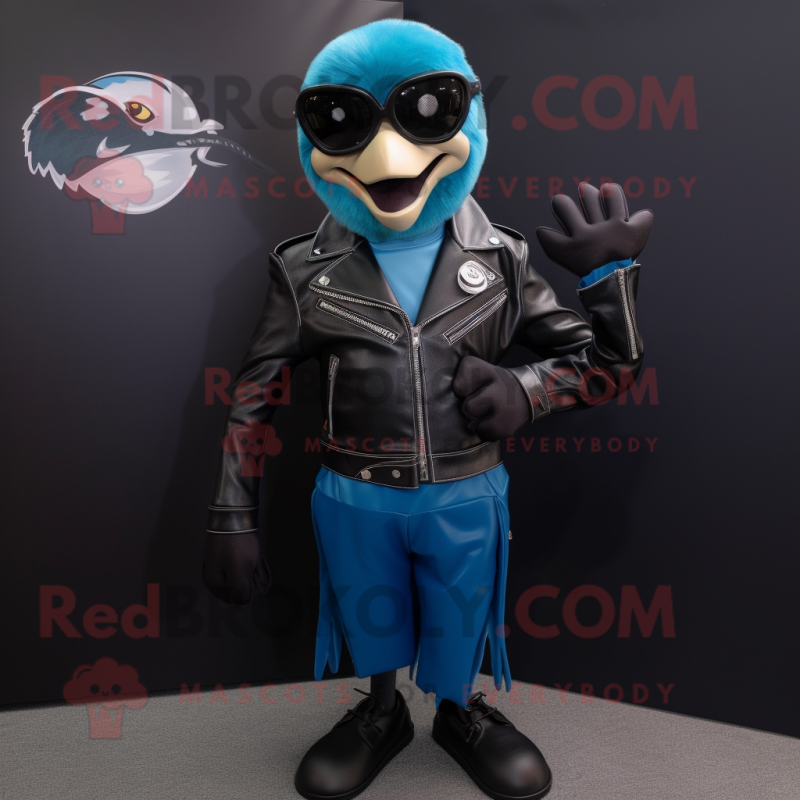 Teal Blue Jay mascot costume character dressed with a Biker Jacket and Lapel pins