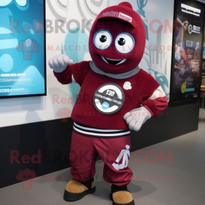 Maroon Skateboard mascot costume character dressed with a Sweatshirt and Digital watches