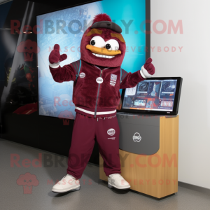 Maroon Skateboard mascot costume character dressed with a Sweatshirt and Digital watches