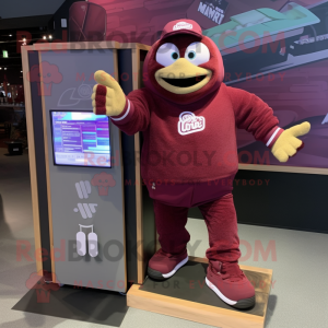 Maroon Skateboard mascot costume character dressed with a Sweatshirt and Digital watches