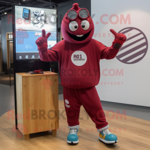 Maroon Skateboard mascot costume character dressed with a Sweatshirt and Digital watches