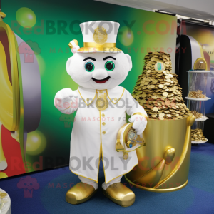 White Pot Of Gold mascot costume character dressed with a Poplin Shirt and Coin purses
