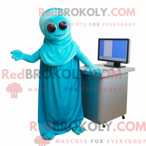 Maskotkarakter af en cyan...