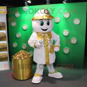 White Pot Of Gold mascot costume character dressed with a Poplin Shirt and Coin purses