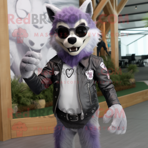 Lavender Say Wolf mascot costume character dressed with a Biker Jacket and Eyeglasses