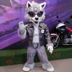 Lavender Say Wolf mascot costume character dressed with a Biker Jacket and Eyeglasses