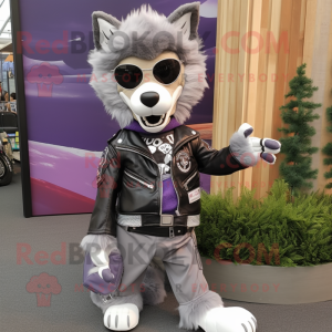 Lavender Say Wolf mascot costume character dressed with a Biker Jacket and Eyeglasses