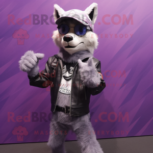 Lavender Say Wolf mascot costume character dressed with a Biker Jacket and Eyeglasses