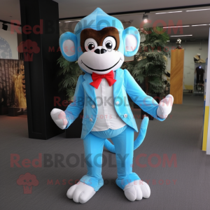 Sky Blue Monkey mascot costume character dressed with a Long Sleeve Tee and Bow ties