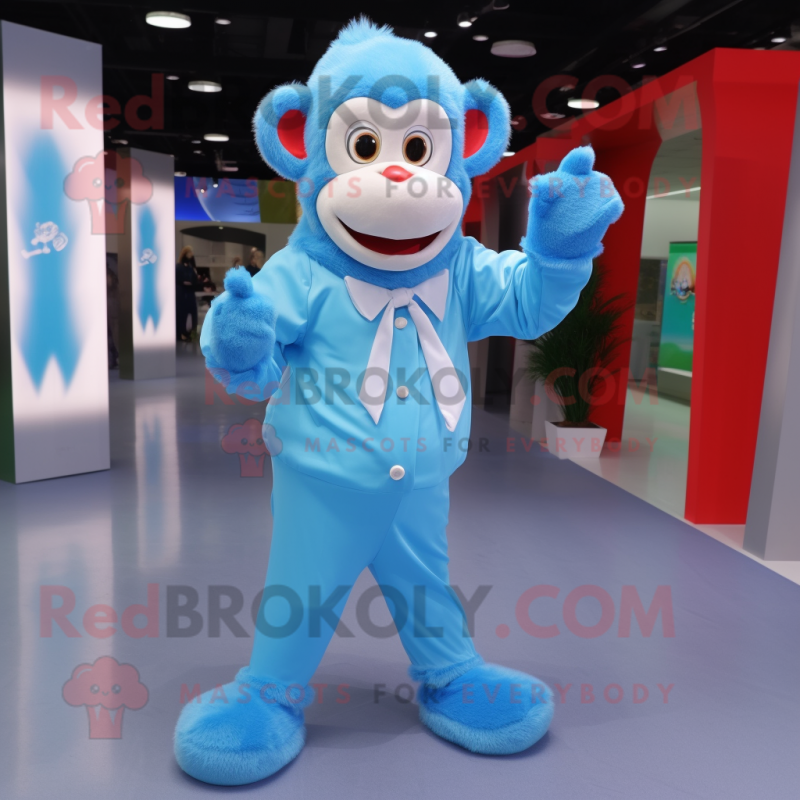 Sky Blue Monkey mascot costume character dressed with a Long Sleeve Tee and Bow ties Sky Blue Monkey mascot costume character dressed with a Long Sleeve Tee and Bow ties