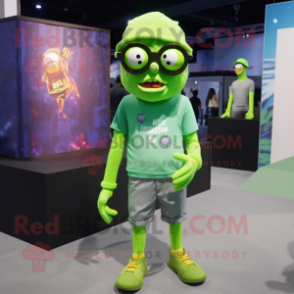 Lime Green Undead mascot costume character dressed with a Shorts and Eyeglasses