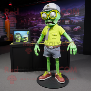 Lime Green Undead mascot costume character dressed with a Shorts and Eyeglasses