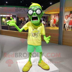 Lime Green Undead mascot costume character dressed with a Shorts and Eyeglasses