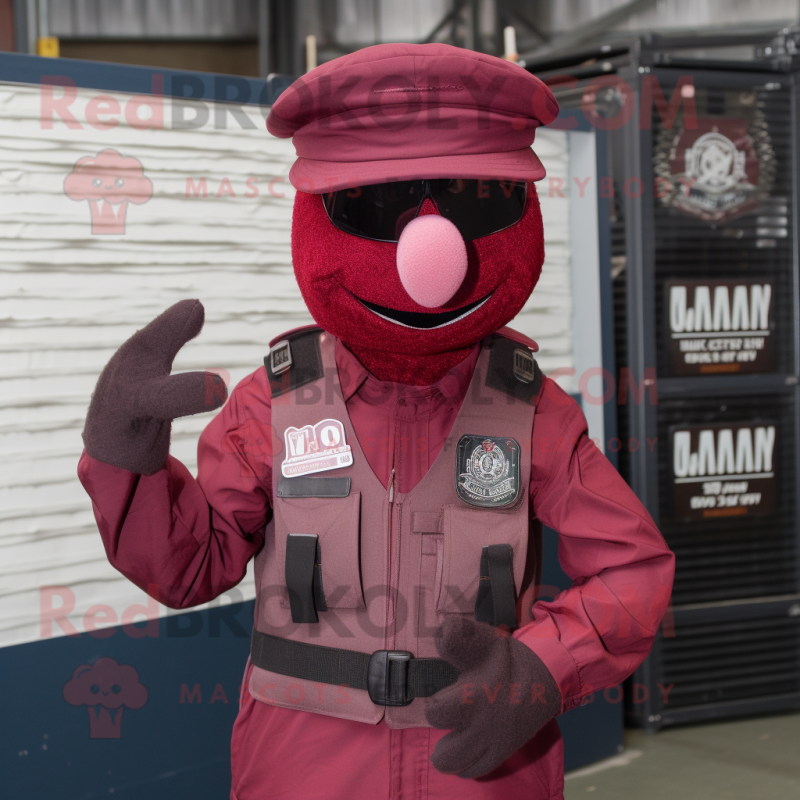 Maroon Special Air Service mascot costume character dressed with a Waistcoat and Hats