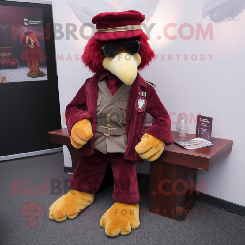 Maroon Special Air Service mascot costume character dressed with a Waistcoat and Hats